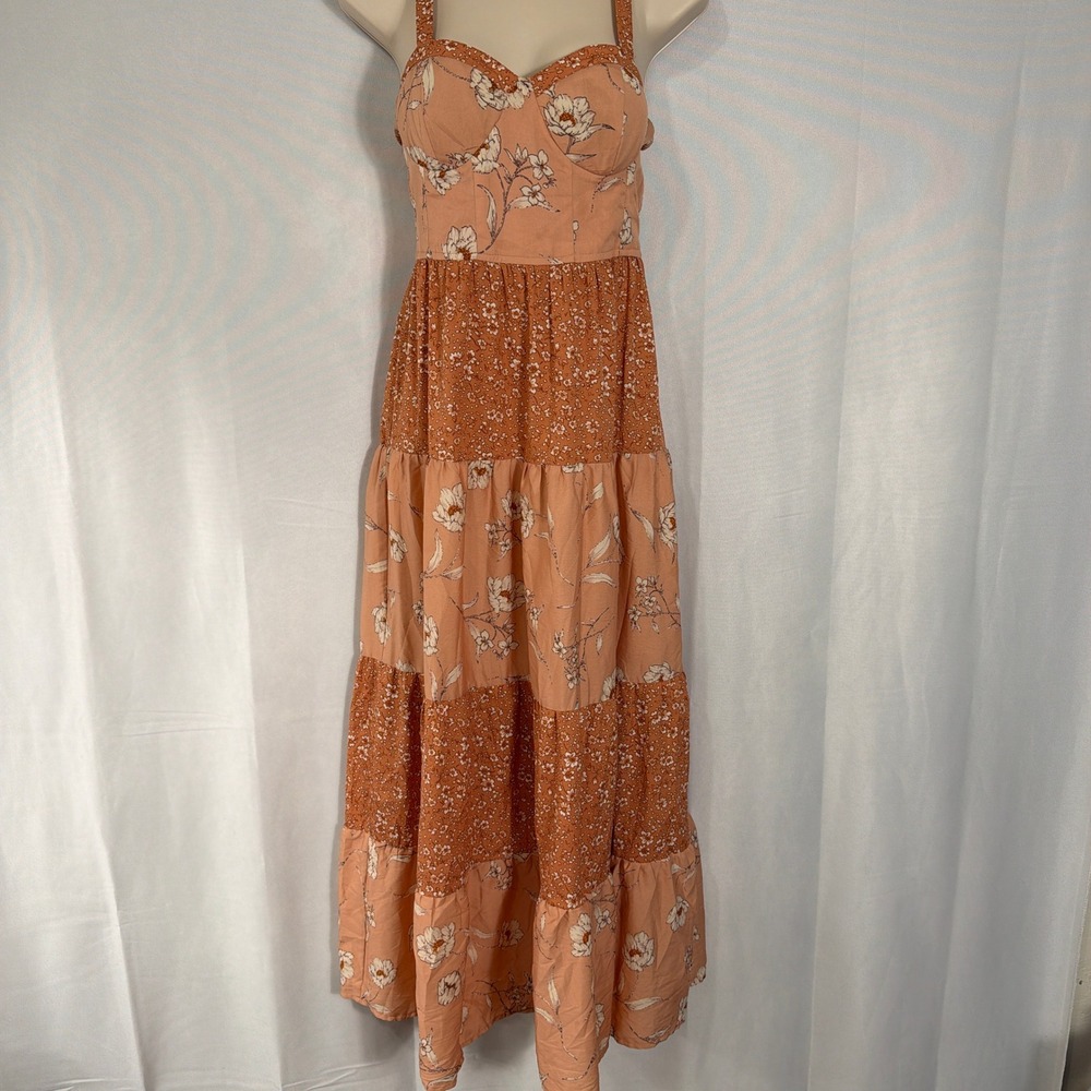 Land of the Free Maxi Dress Floral Tiered Smocked Back Coral Peach Womens Size S